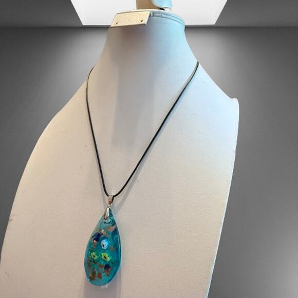 Light Blue Sparkly Artisan Millefiori Faceted Glass Pendant - Picture 5 of 9